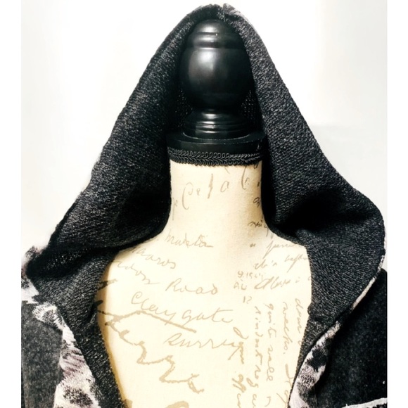 Open Black/Gray Blend Jacket Animal Print Trim with Hood Front Chest Pockets NWT - Picture 14 of 16